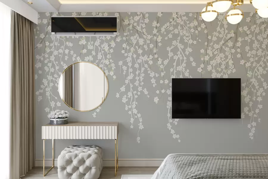 Fototapetes Plūstoši maigi zari ar ziediem uz pelēka fona w02479v1