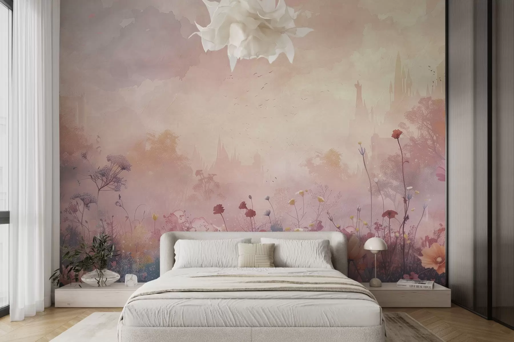 Fototapetes Savvaļas ziedi uz pils silueta fona w08478