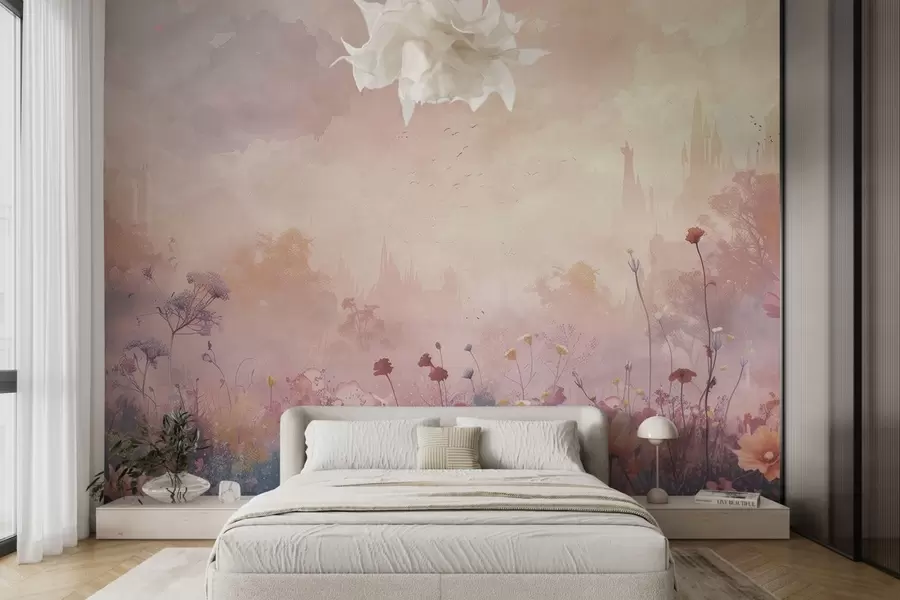 Fototapetes Savvaļas ziedi uz pils silueta fona w08478