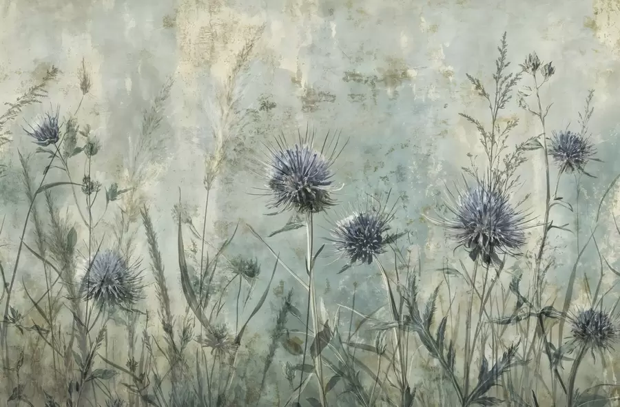 Fototapetes Violeto dadžu ziedu lauks ar izplūdušiem ziediem un lapotni senatnīgā tekstūras fonā w08463