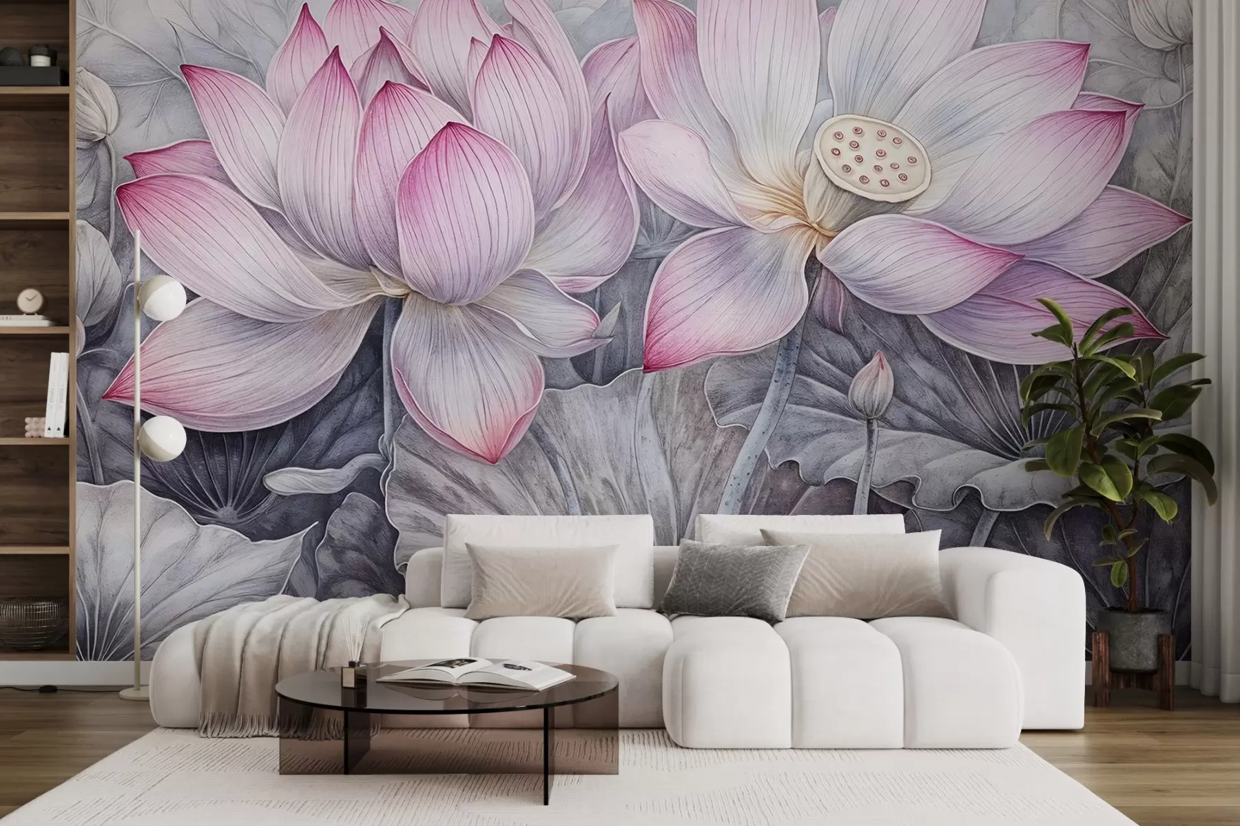 Fototapetes Vairāki detalizēti teksturēti lieli rozā lotosa ziedi ar pelēki zaļām lapām un kātiņiem uz gaiša fona w08465