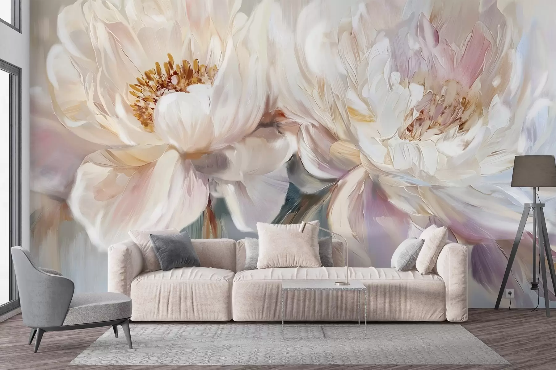 Fototapetes Maigas, maigas, delikātas baltas un pasteļrozā peonijas ar sulīgiem ziedlapiņām uz izplūduša glezniecības imitācijas fona w08466