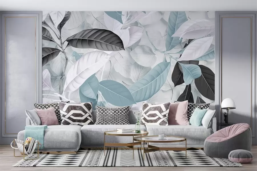 Fototapetes Liela zilu un pelēku lapu apdruka uz gaišu lapu faktūras fona, kas rada sulīgu tropu sajūtu w08468v1