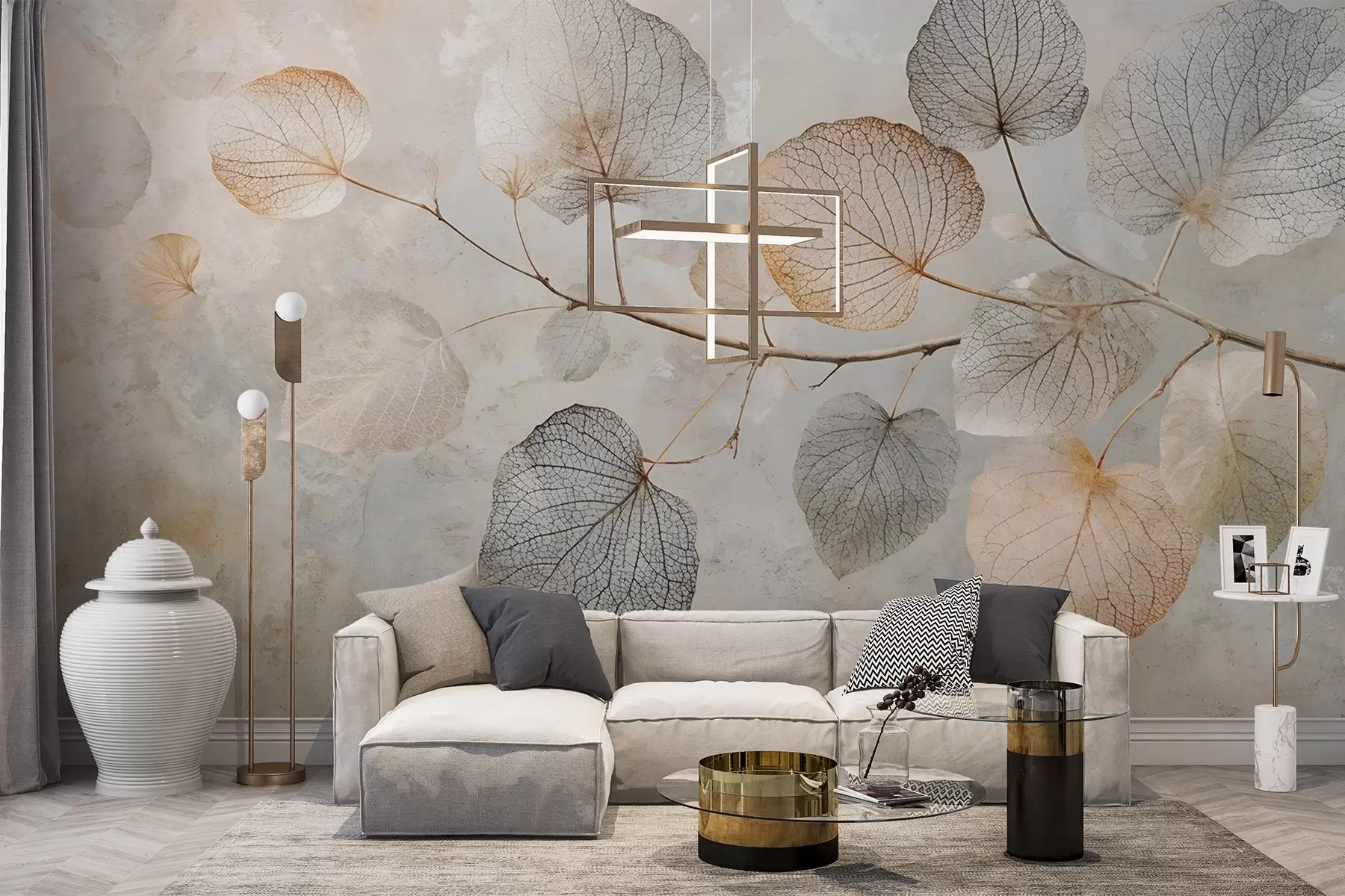 Fototapetes Smalks lapu raksts ar sarežģītām dzīslām un maigām, maigām krāsām uz bāla teksturēta fona w08469