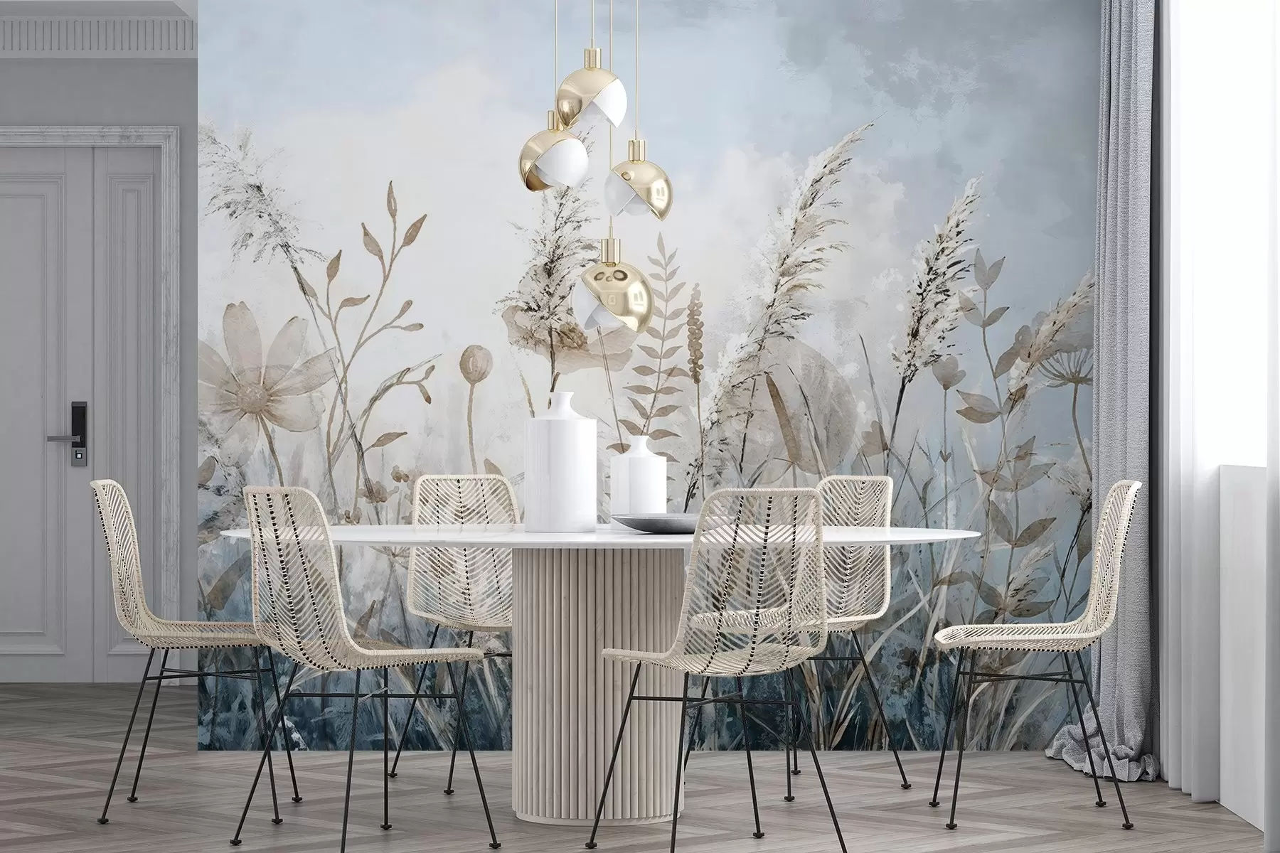 Fototapetes Laukums ar augstu zāli, dabisko lapotni un augiem ar maigām, izplūdušām tekstūrām uz miglainu, apmākušos debesu fona w08472