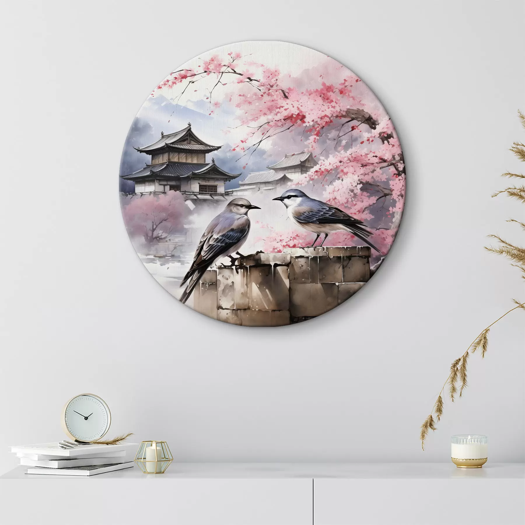 Glezna Divi putni uz ziedošas sakuras fona r36815