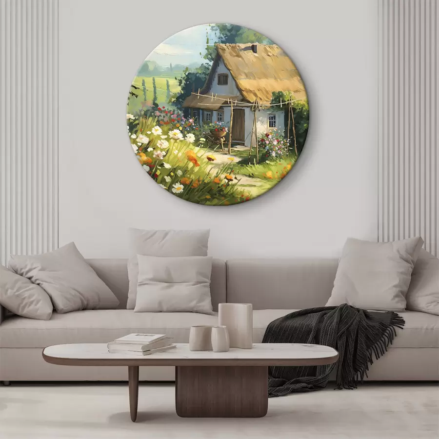 Glezna Ciema māja ar dārzu, vasaras puķēm, eļļas krāsu, otas triepieniem, lauku, lauku stilā r38491