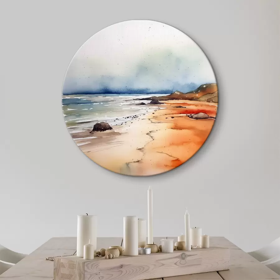 Glezna Jūra un pludmale, lietus, akvarelis, šļakatas, ainava, ainava, zila, oranža krāsa r38936