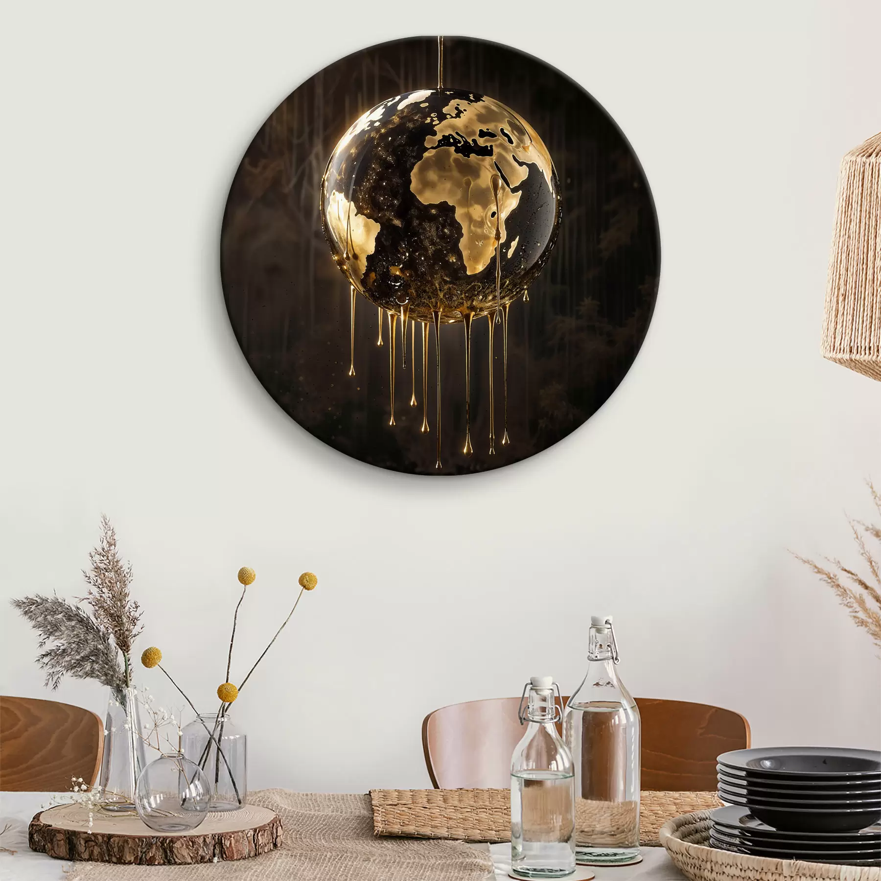 Glezna Spīdošs globuss, kurā attēlota Zeme, ko ieskauj pilošs šķidrums uz tumša fona r38983