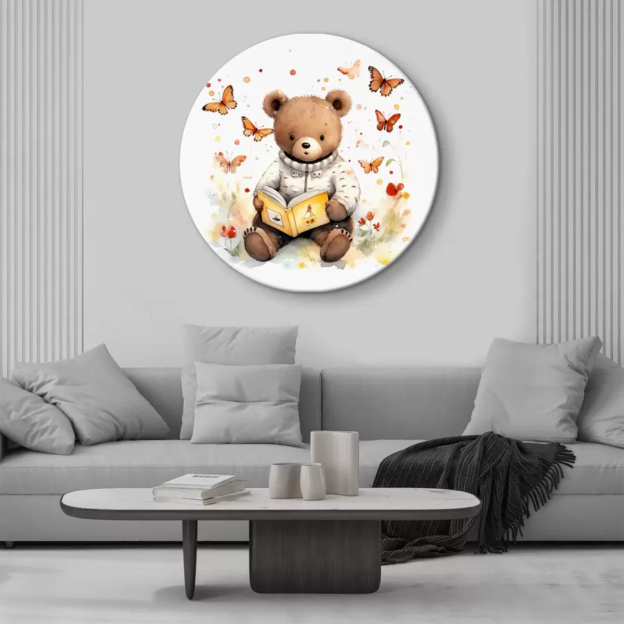 Fototapetes Brūnais lācēns džemperī lasa grāmatu, ko ieskauj akvareļu tauriņi r39025