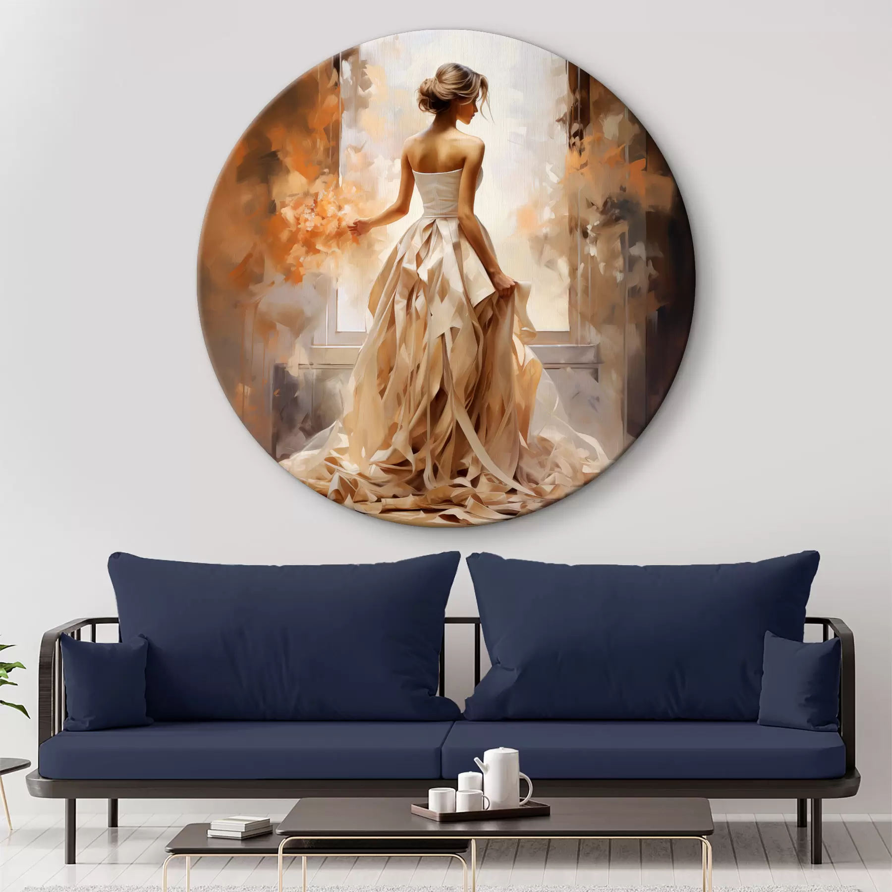 Glezna Meitene baltā garā kāzu kleitā stāv pie loga starp uguni un glezno ar roku darbu r39125