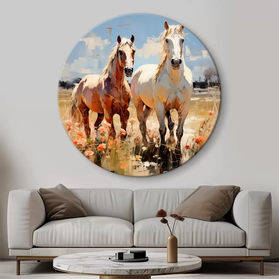 Glezna Balti un brūni zirgi ganās pļavā starp savvaļas ziediem eļļas gleznas abstraktā māksla r39187