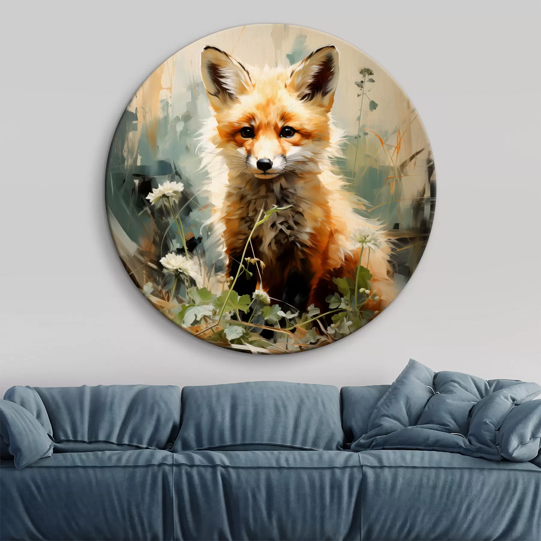 Glezna Sarkanā lapsa, kas sēž sausā zālē, uz zaļa fona, eļļas glezna r39191