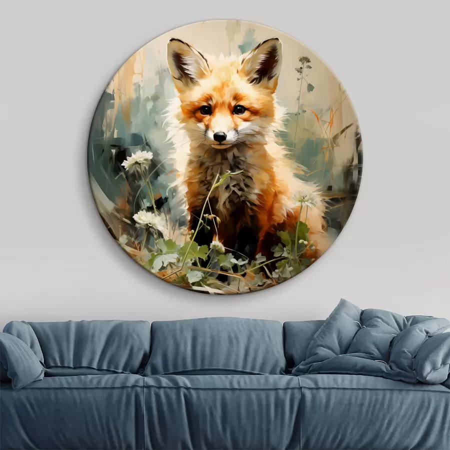 Glezna Sarkanā lapsa, kas sēž sausā zālē, uz zaļa fona, eļļas glezna r39191