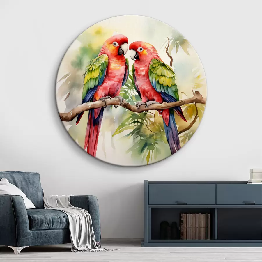 Fototapetes Divi spilgti ara papagaiļi sēž uz viena zara akvarelis r39333