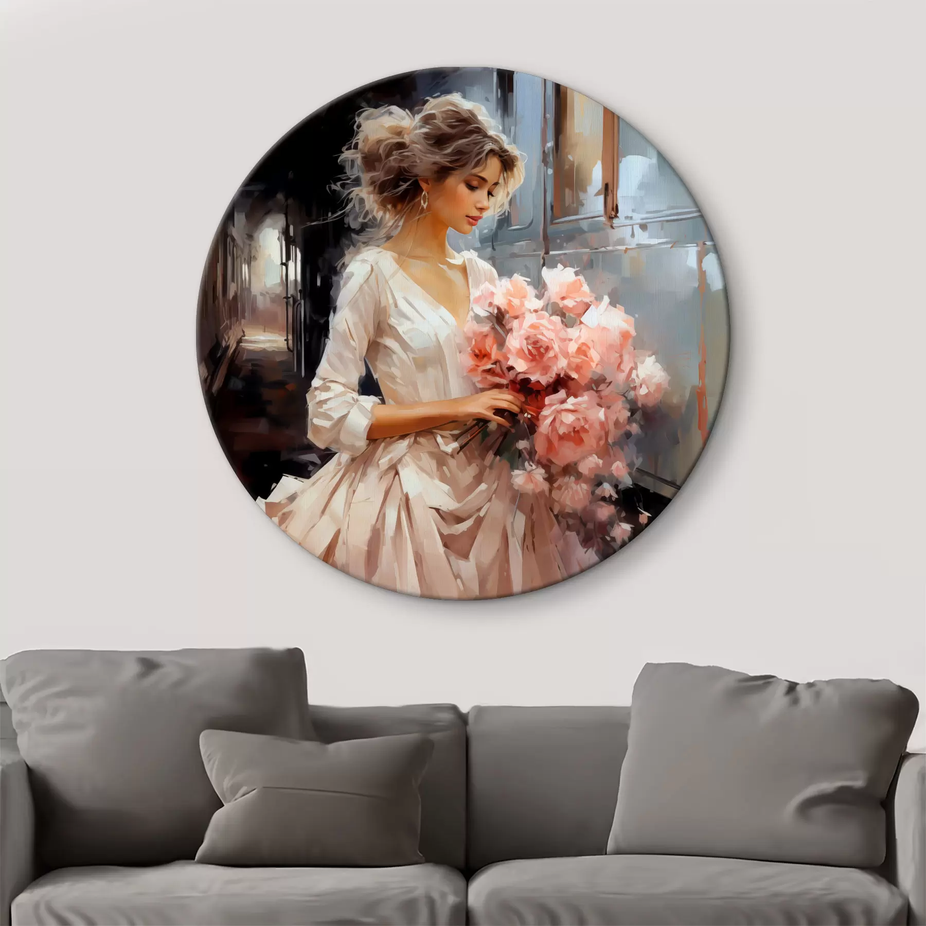 Glezna Meitene baltā kleitā stacijā tur rokās rozā rožu pušķi, eļļas glezna r39438