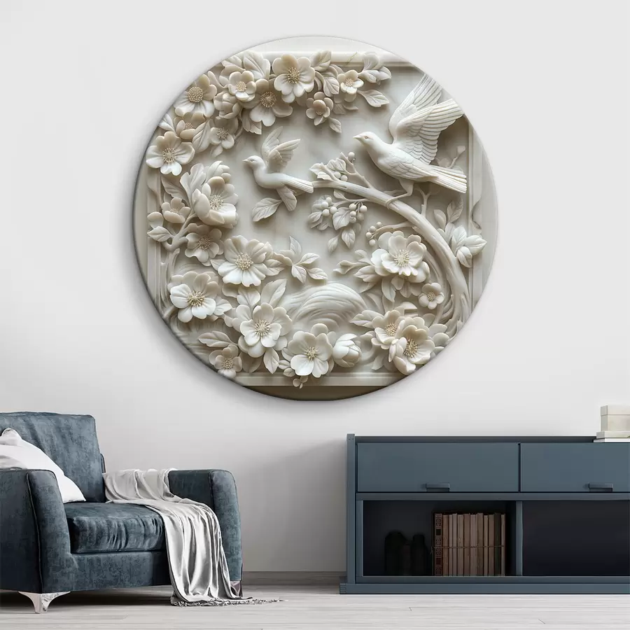 Glezna Balta marmora dārzs ar putnu un ziedu bareljefu r39728