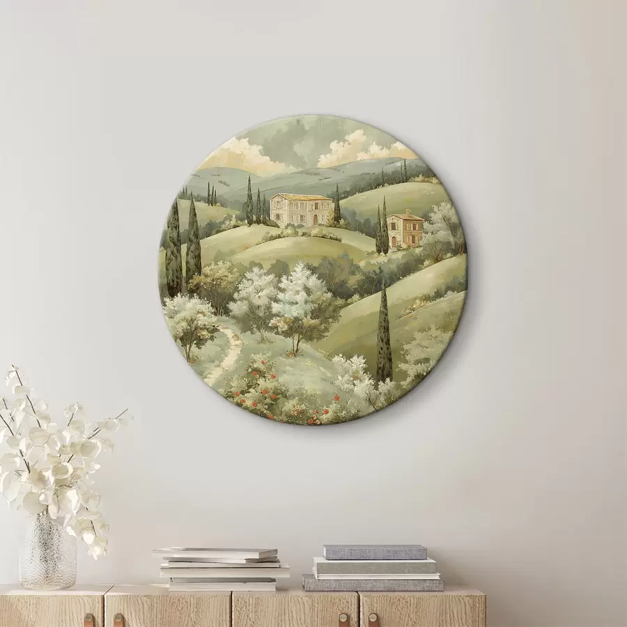 Fototapetes Ainava ar vintage mājām, pasteļzaļās krāsas, akrila zīmējums, vasara r40078