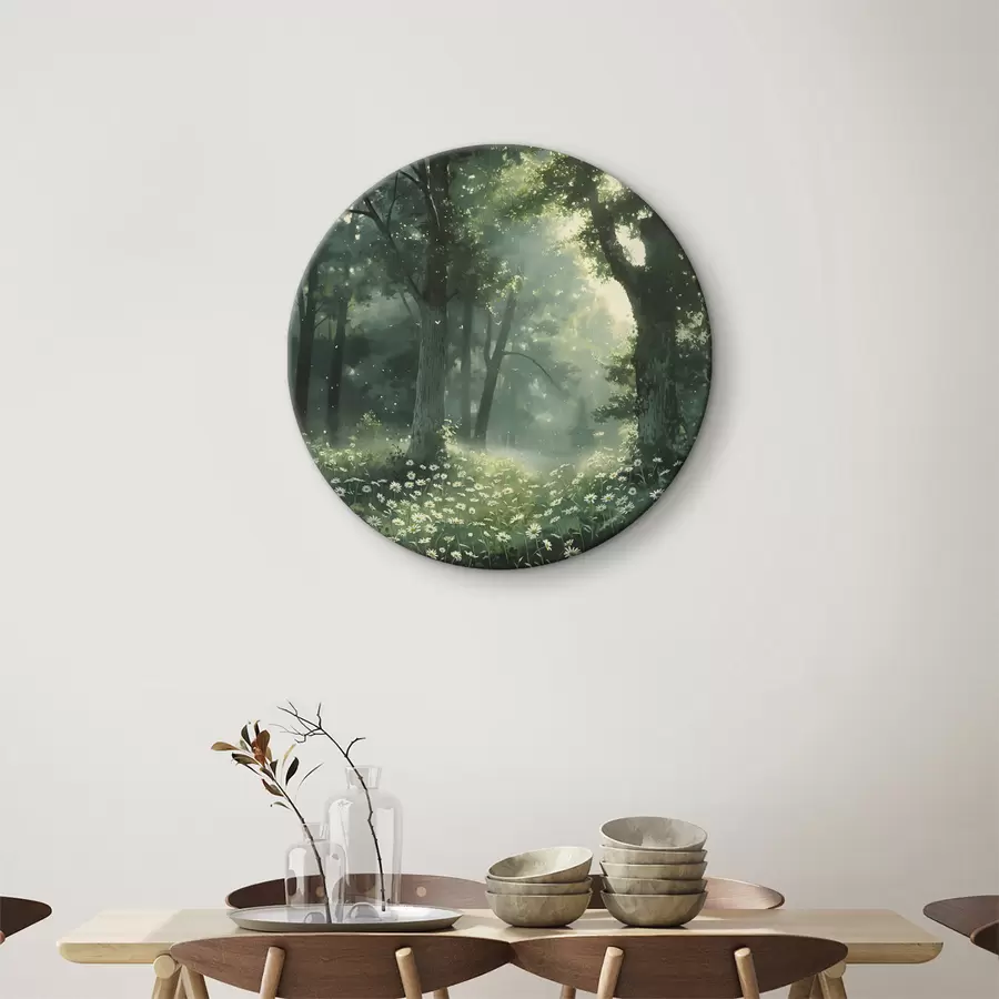 Fototapetes Blīvs mežs ar saules gaismu kokos, kumelīšu ziedi, zaļa zāle, daba r40224