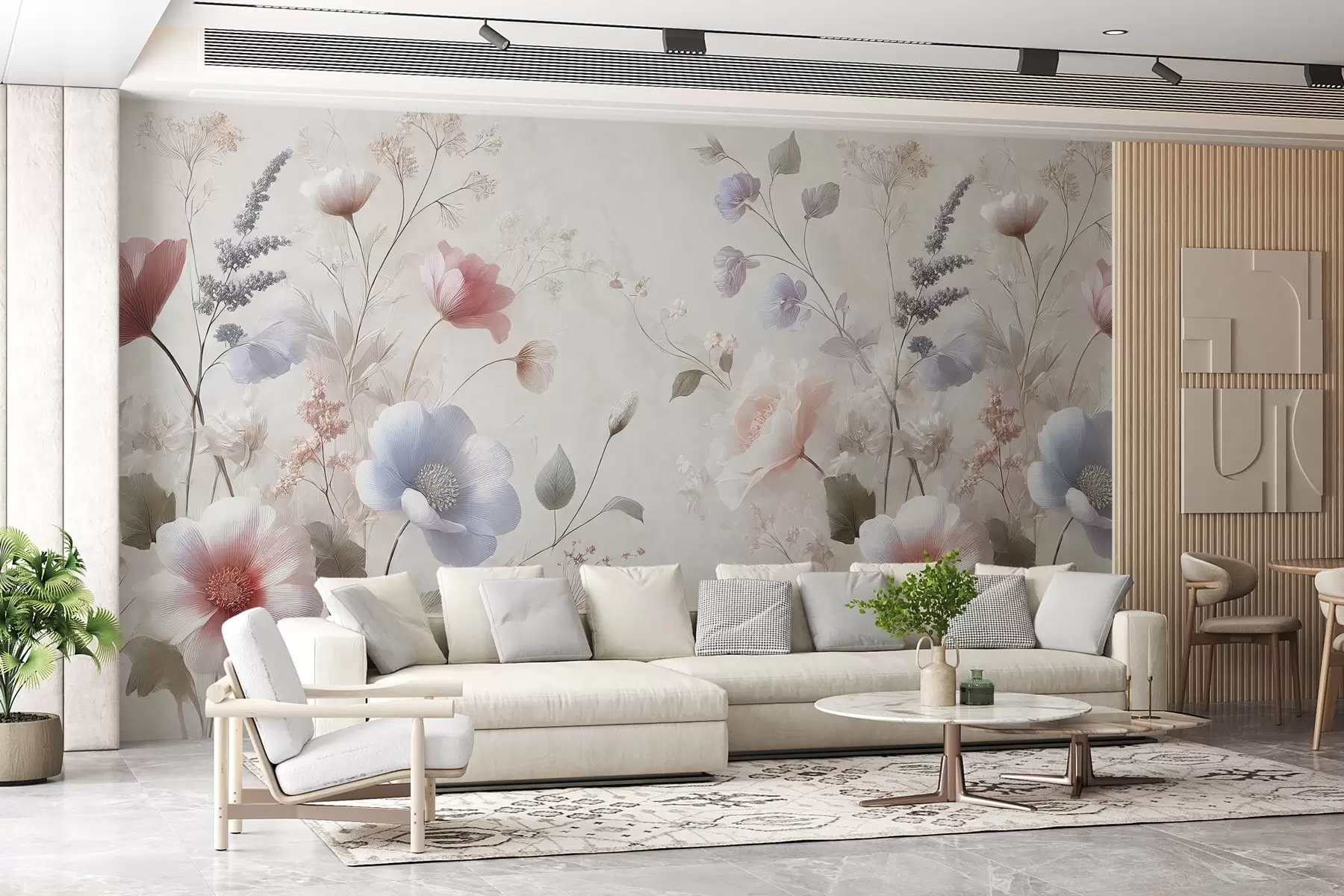 Fototapetes maigi savvaļas ziedi pasteļtoņos uz teksturēta fona w02454