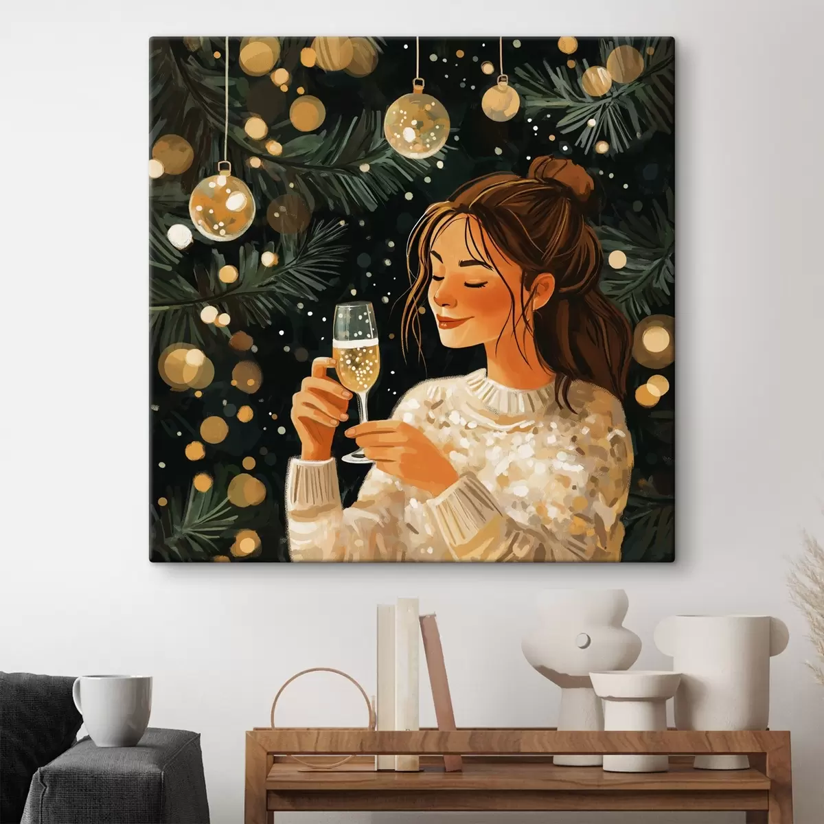 Glezna Meitene ar glāzi šampanieša Jaungada vakarā s42102