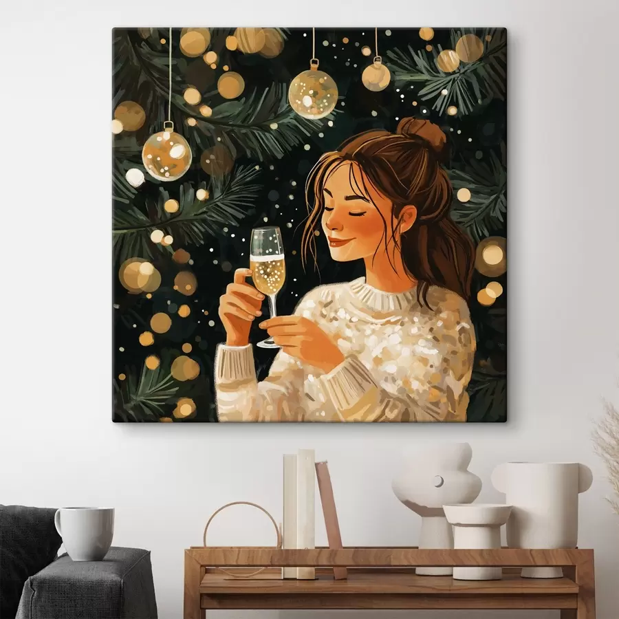 Glezna Meitene ar glāzi šampanieša Jaungada vakarā s42102