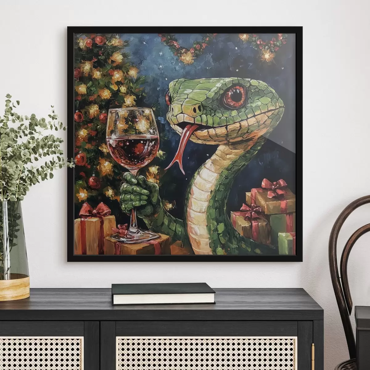 Plakāts Čūska ar vīna glāzi svin jauno gadu f42106