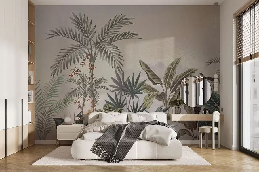 Fototapetes Tropu džungļi ar palmām un krāsainiem putniem w08496