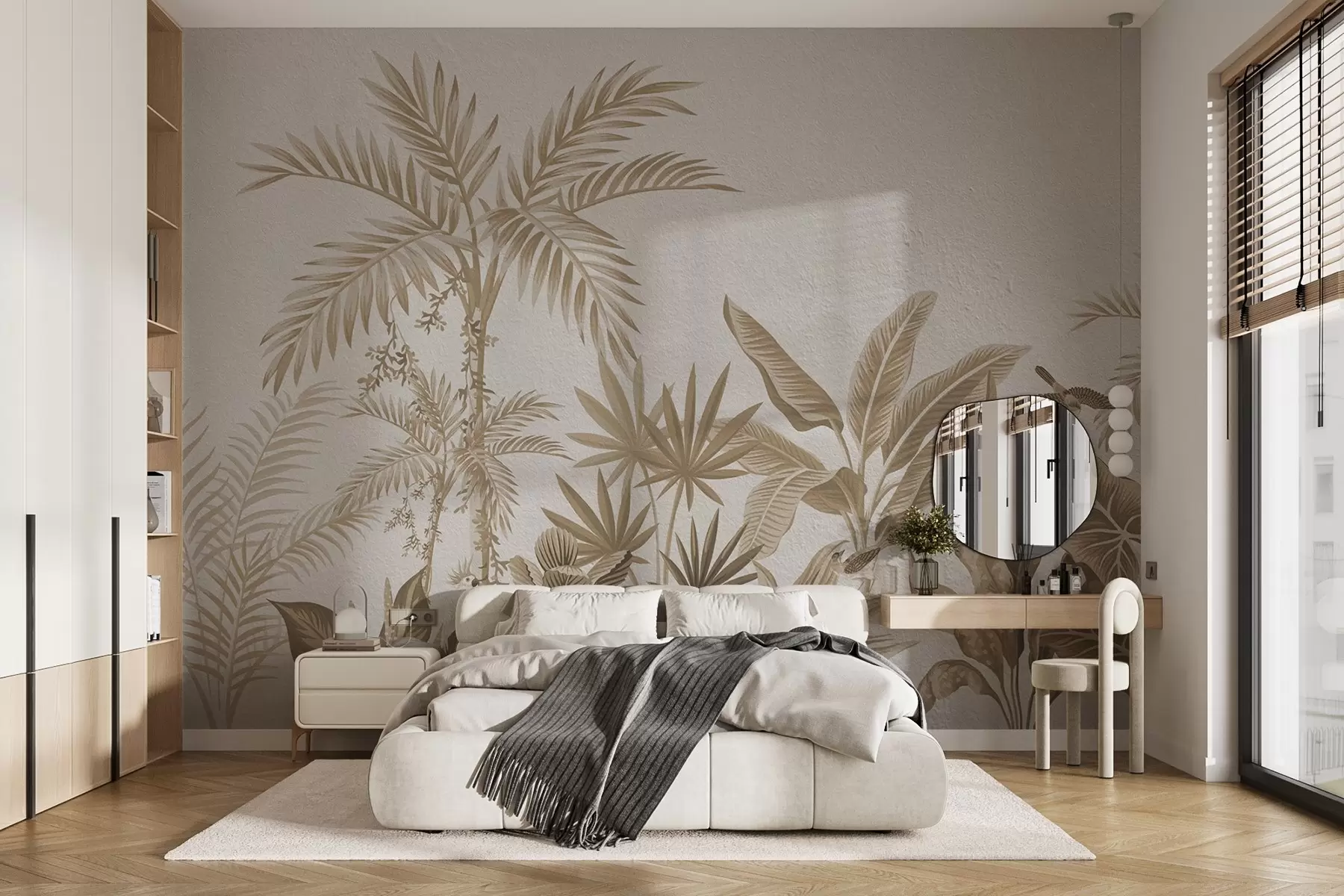 Fototapetes Tropu džungļi ar palmām un putniem sēpijas toņos w08496v1