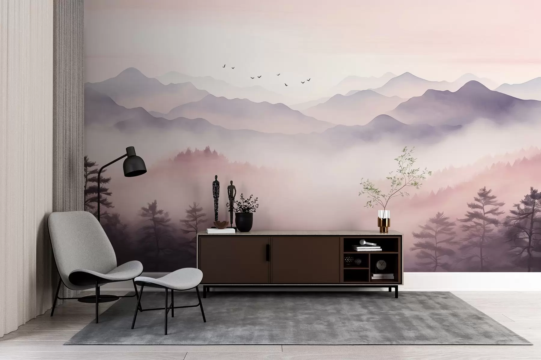 Fototapetes Kalni miglā rītausmā akvareļa imitācija w02471