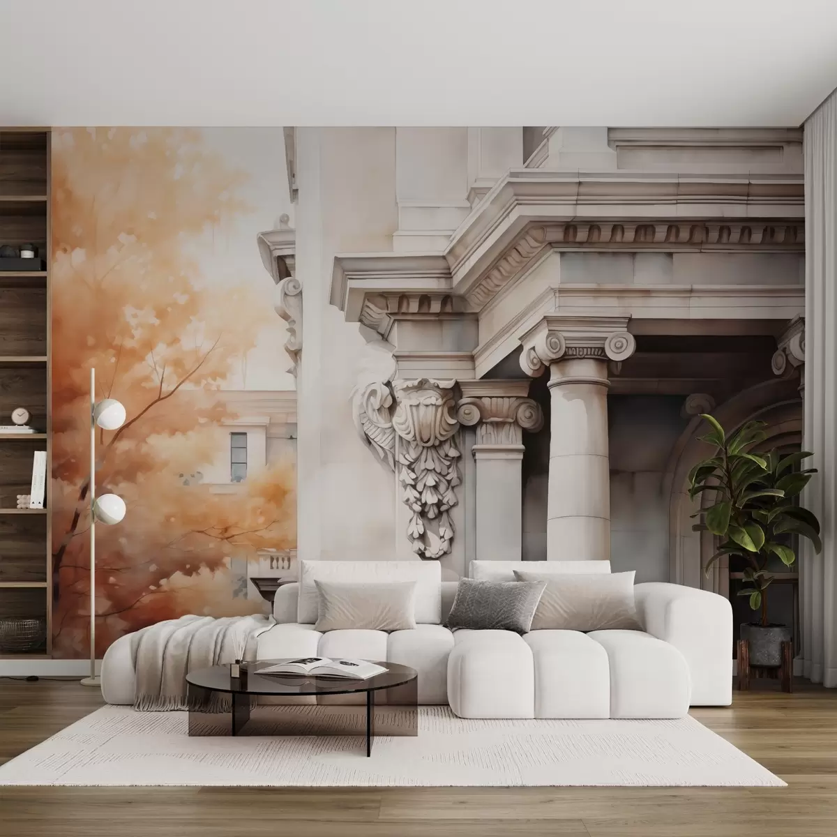 Fototapetes Mājas daļa ar kolonnām blakus koka imitācijai akvarelis w02495