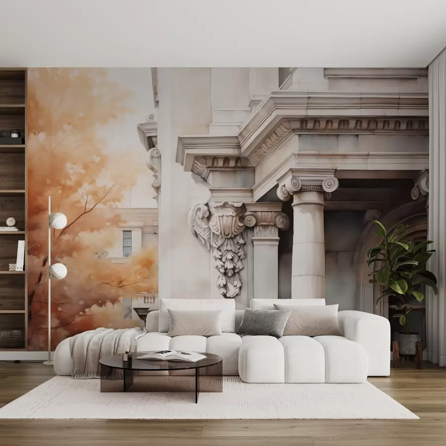 Fototapetes Mājas daļa ar kolonnām blakus koka imitācijai akvarelis w02495