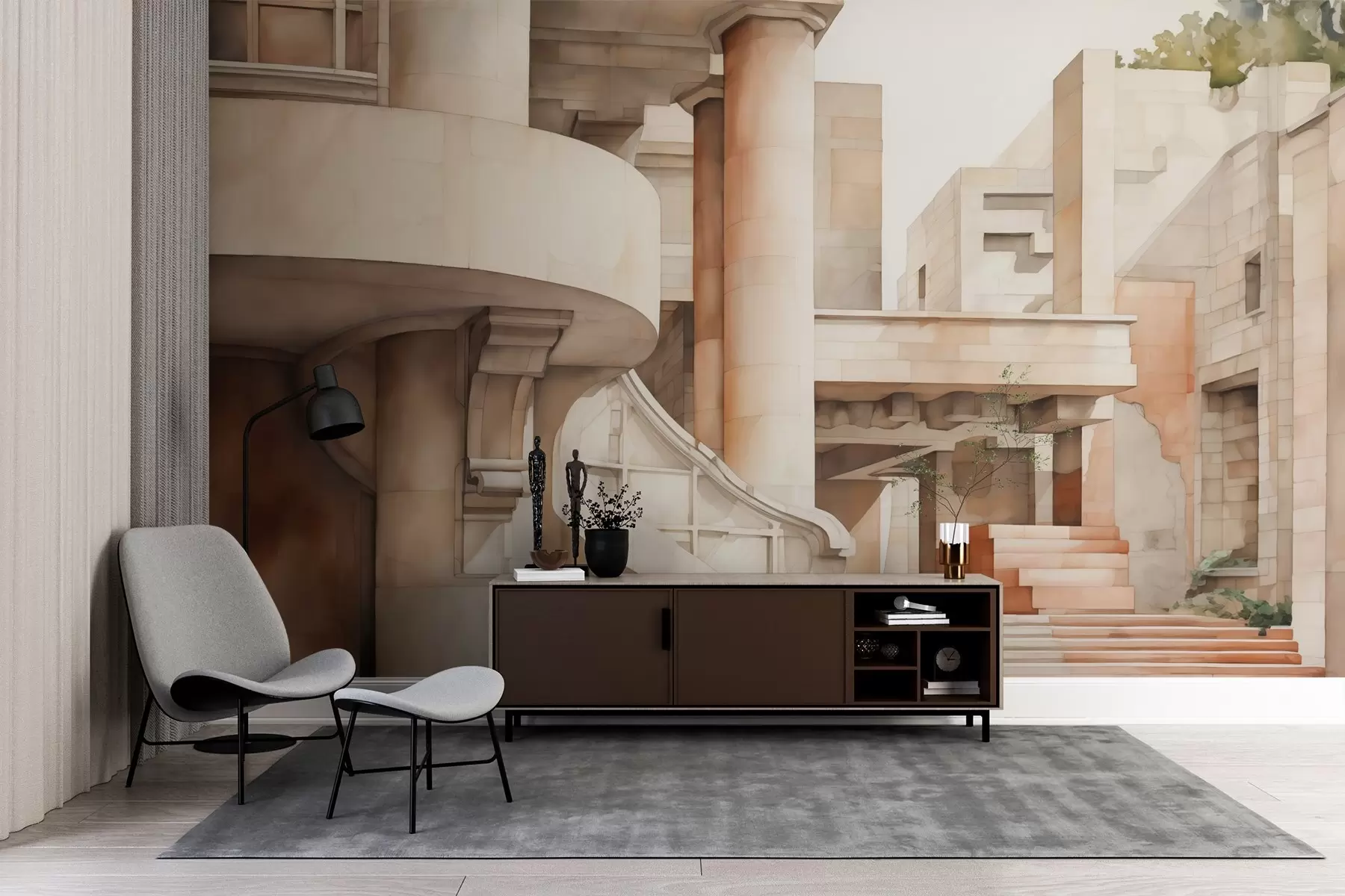 Fototapetes Ēka ar pakāpieniem un kolonnām, kas imitē akvareli w02498