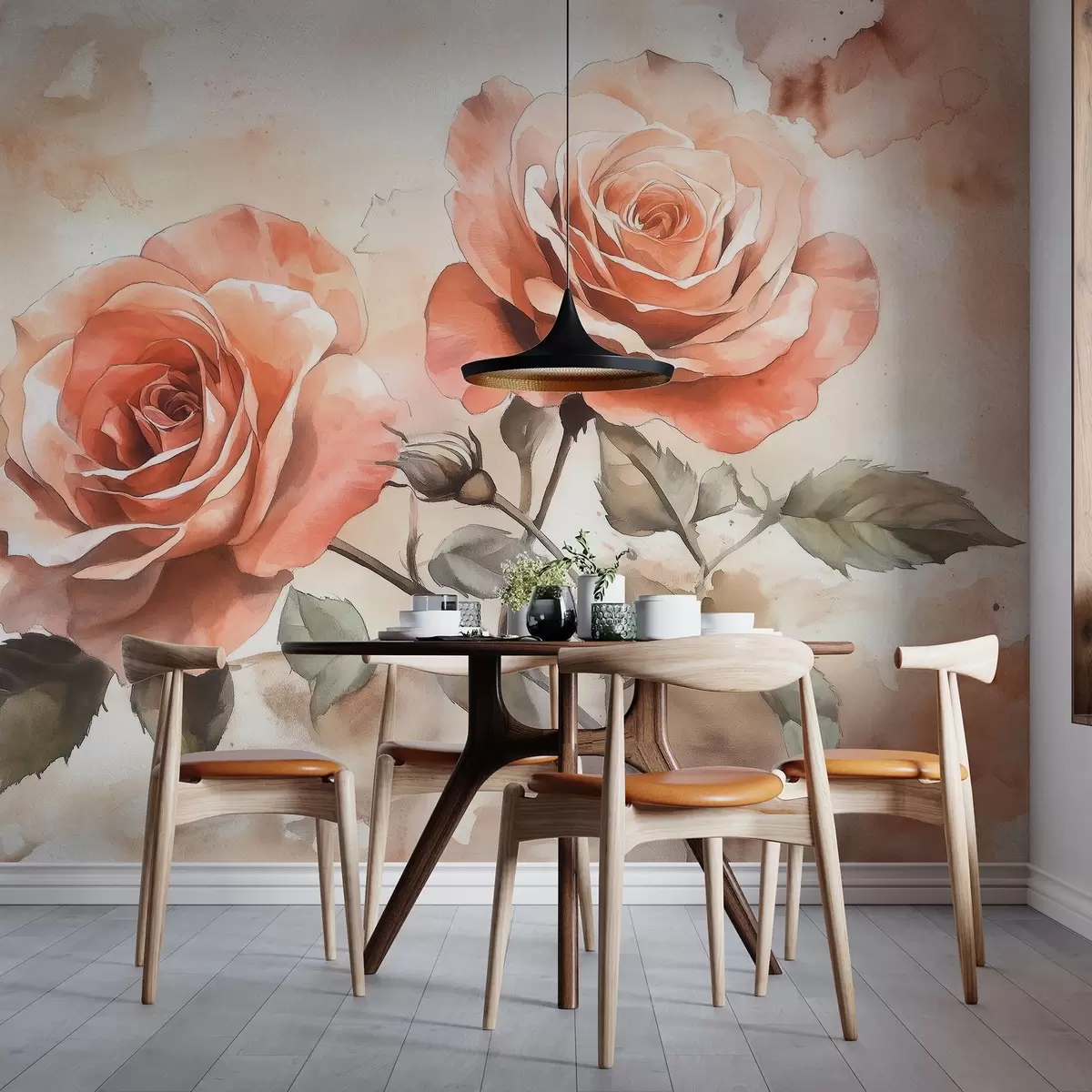 Fototapetes Skaistas sarkanas rozes akvareļu stilā, ziedu, smilškrāsas krāsās w02486