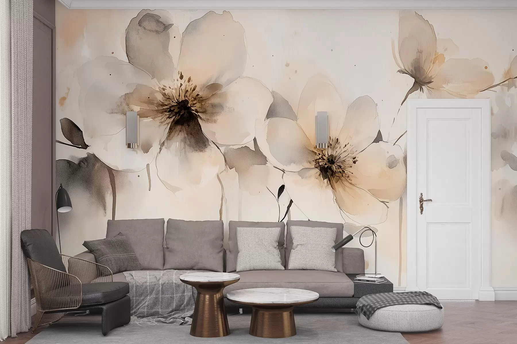 Fototapetes Pļavas ziedi, akvareļa stila zīmējums, bēša krāsu palete  w02489