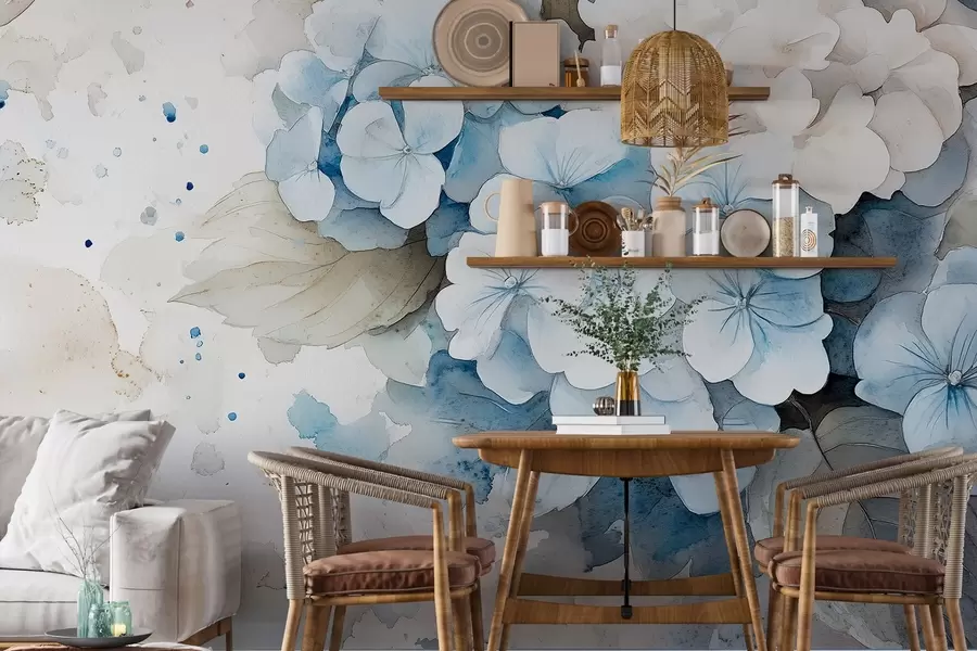 Fototapetes Hortenzijas ziedu ar lapām akvareļa stila zīmējums, maigas dabiskas krāsas w02493