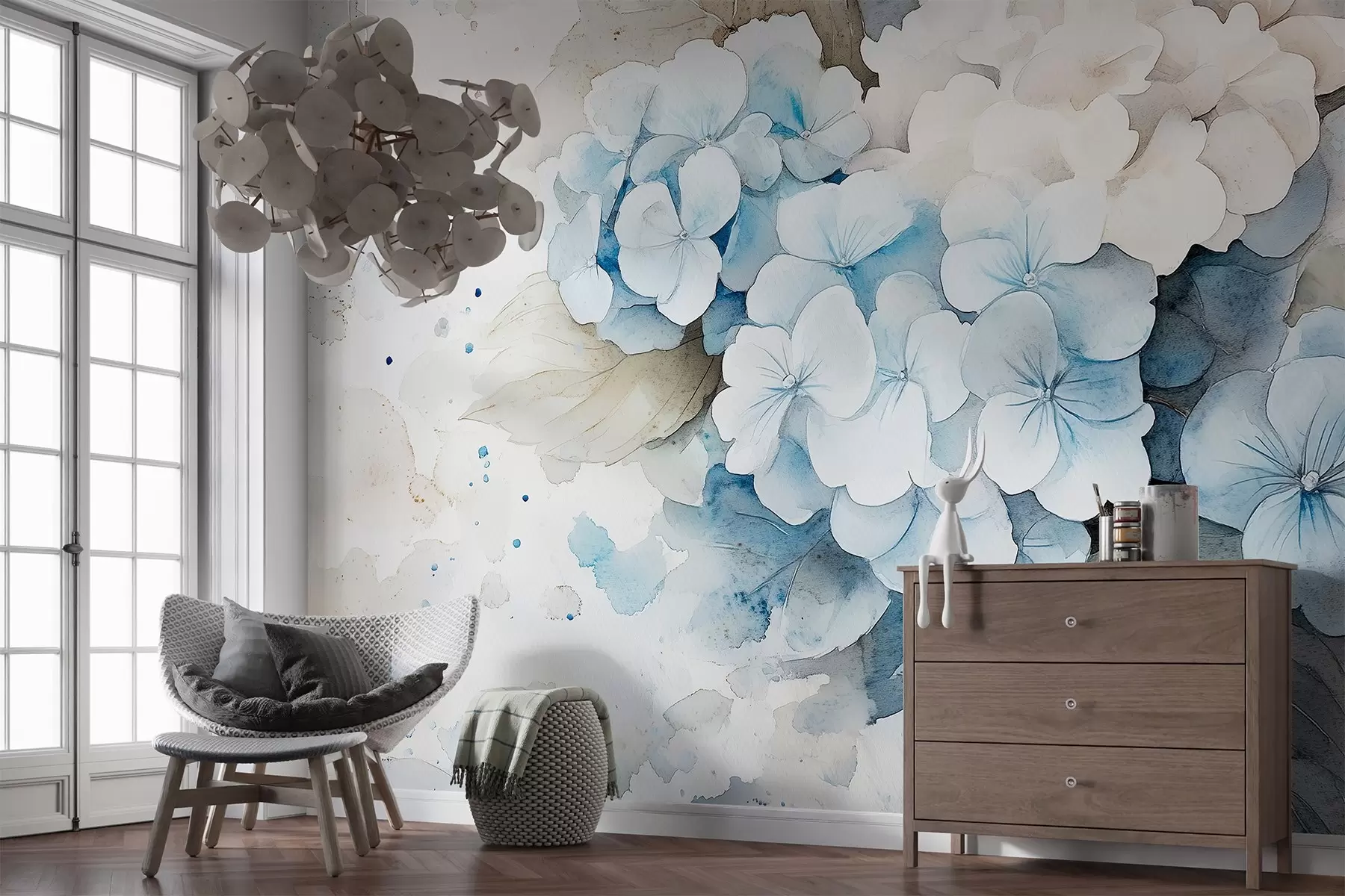 Fototapetes Hortenzijas ziedu ar lapām akvareļa stila zīmējums, maigas dabiskas krāsas w02493