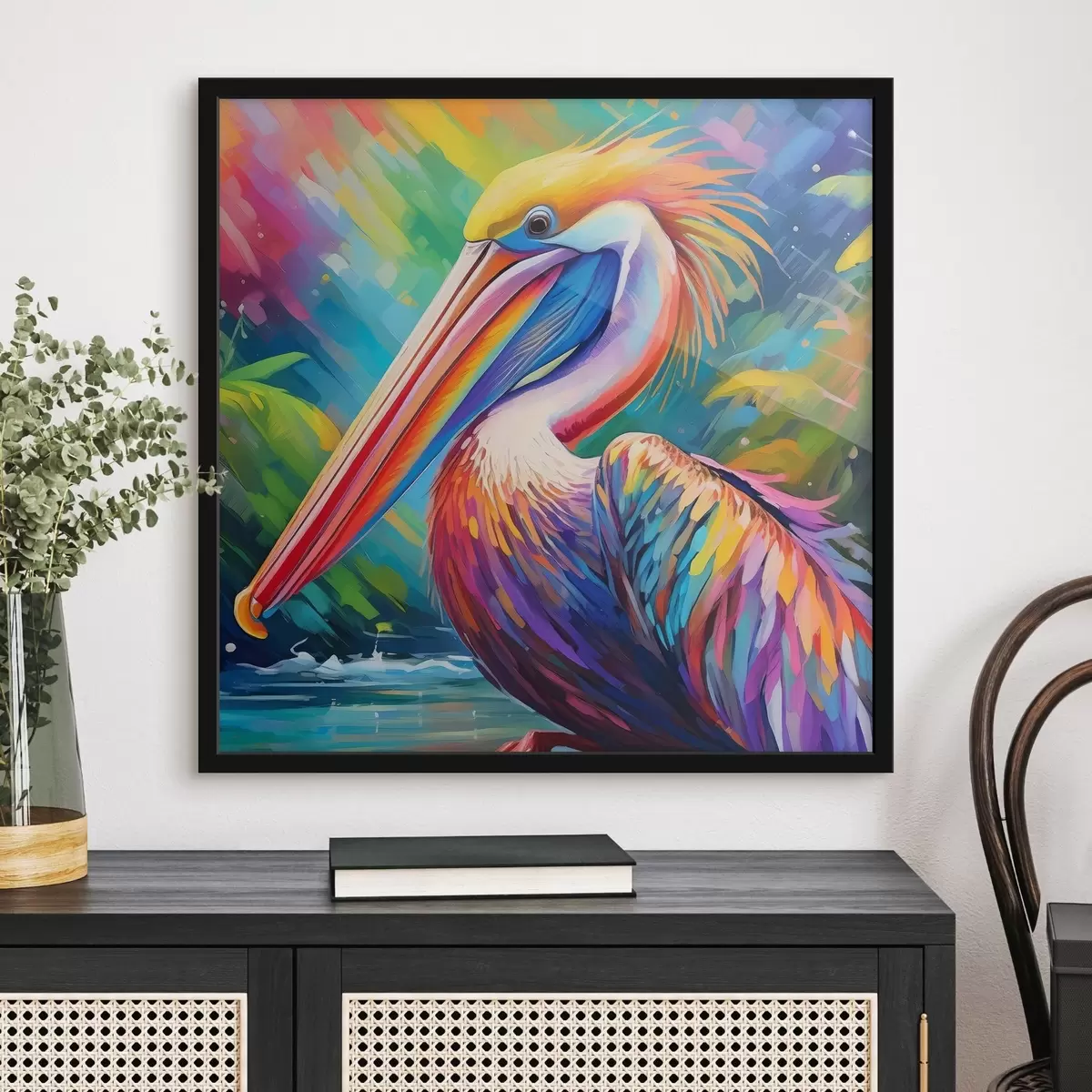 Plakāts Spilgts pelikāns krāsainā apkārtnē f39054
