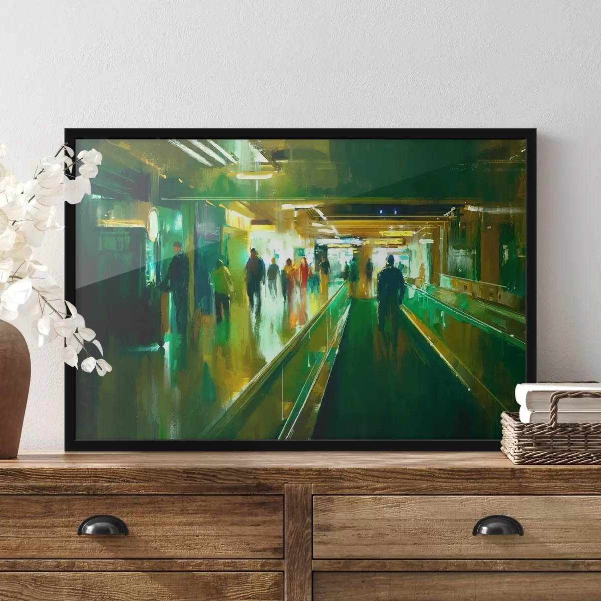 Plakāts Cilvēku grupa, kas iet pa eskalatoru f37103