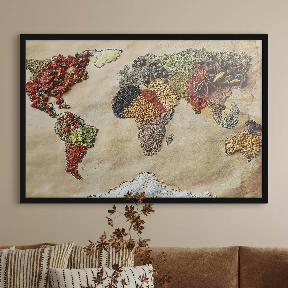 Plakāts Pasaules karte, kas sastāv no dažādām garšvielām f37486