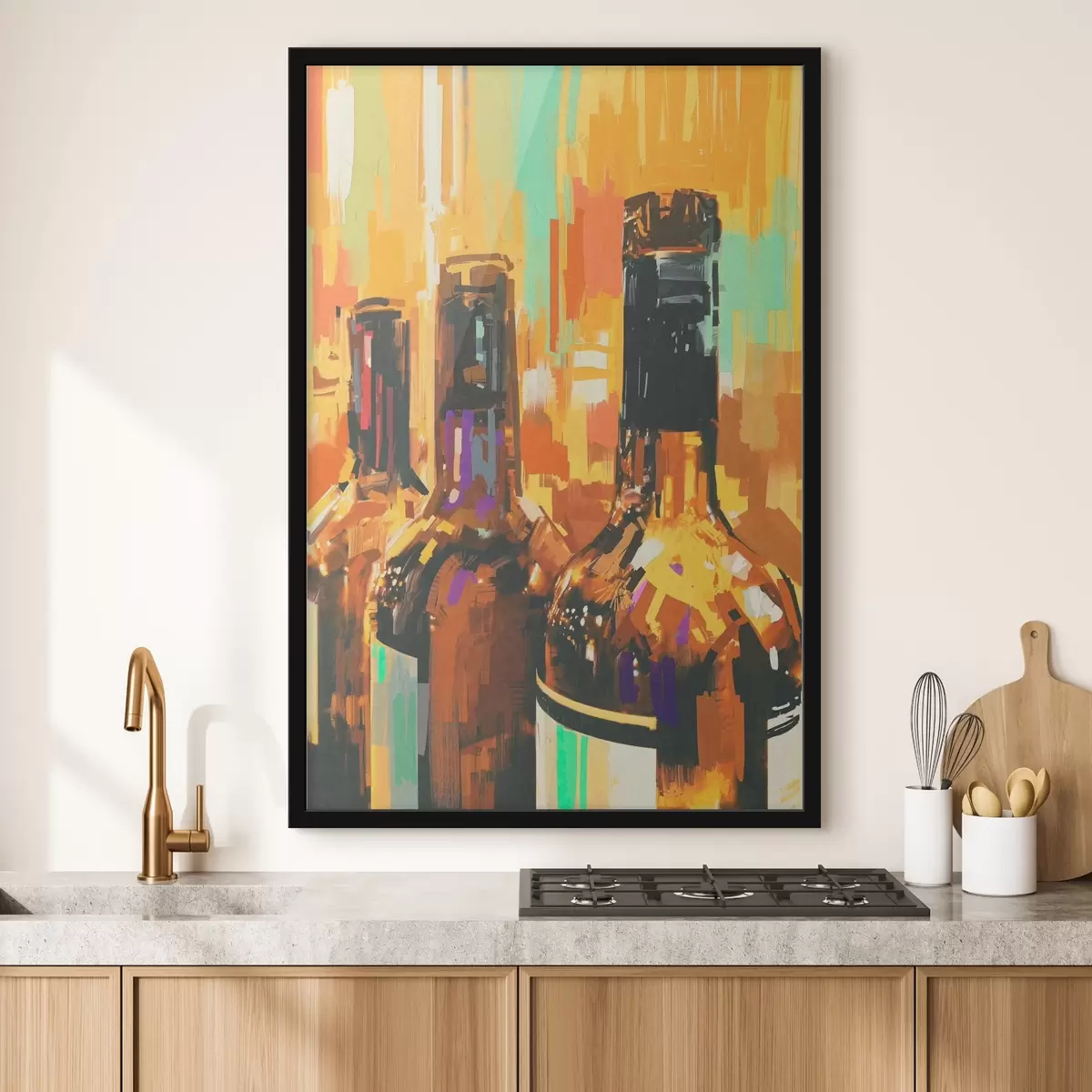 Plakāts Pudeļu grupa uz krāsaina fona f37086