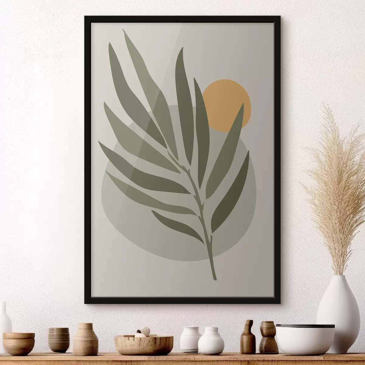 Plakāts Zaļa lapa ar dzeltenu apli f37442