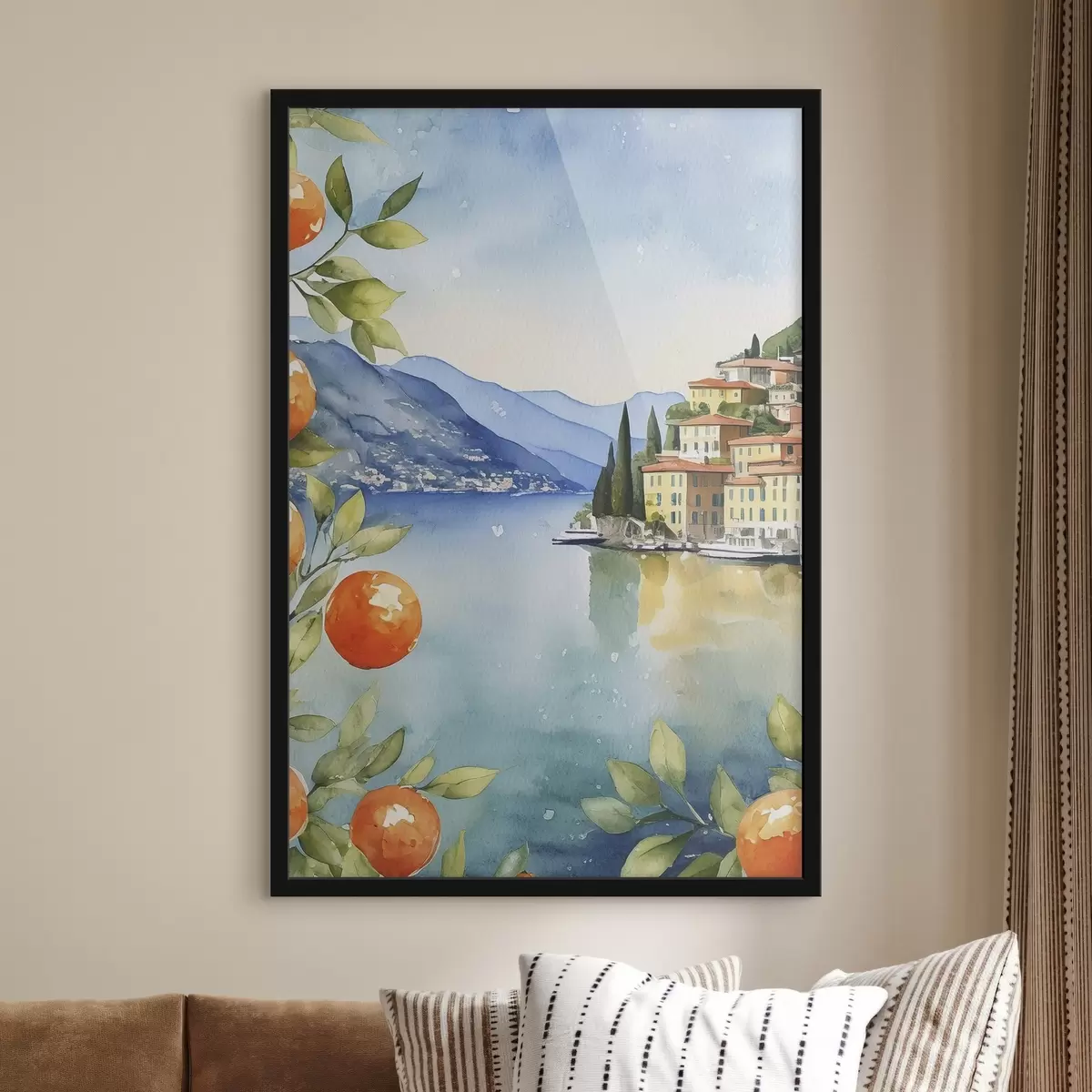 Plakāts Akvarelis, kurā attēlota pilsēta uz ūdenskrātuves krasta f38402