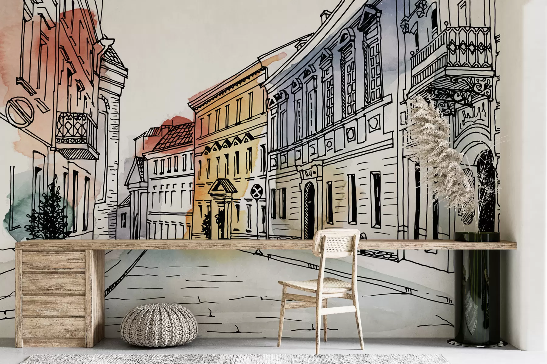 Fototapetes Vecpilsēta, marķieris un akvarelis u51062