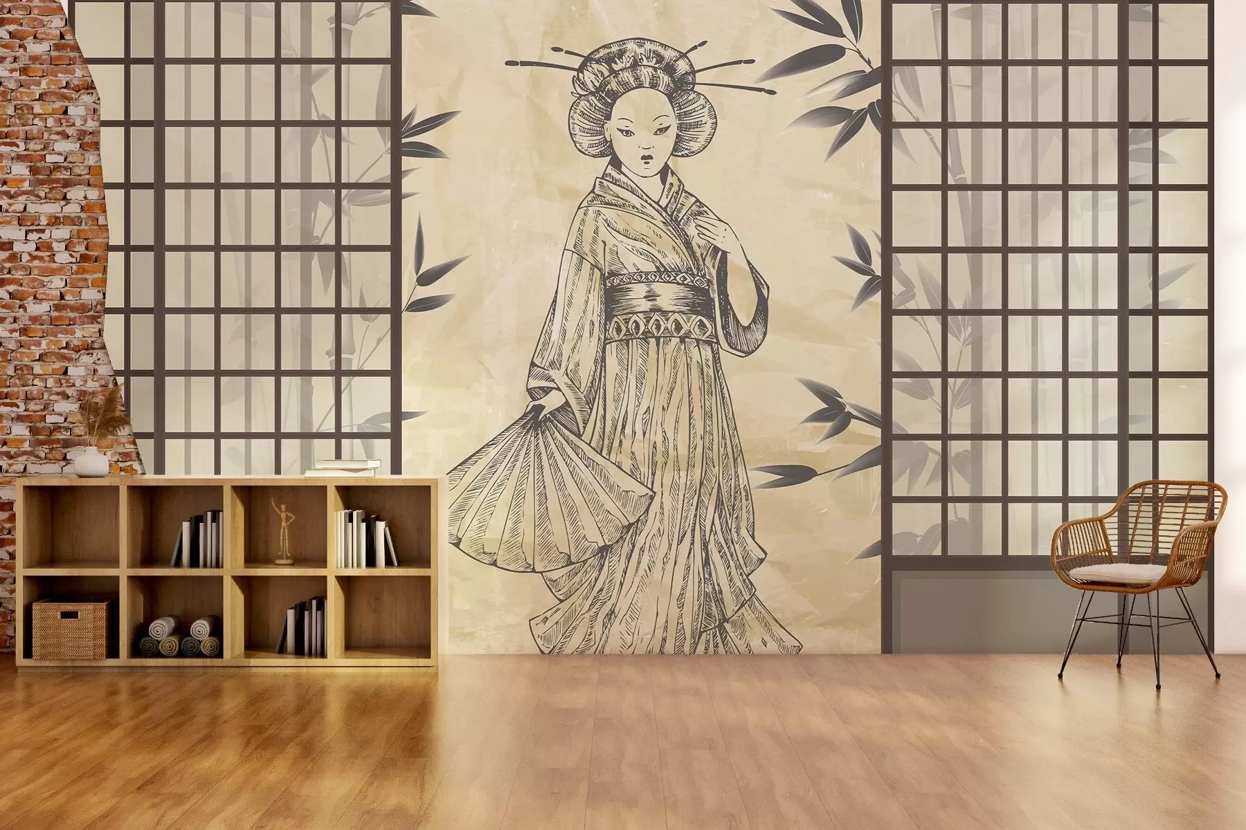 Fototapetes Vecā Āzijas stila māja, meitene tradicionālās drēbēs, ķiršu ziedi, ķiršu ziedi, Shoji w02535