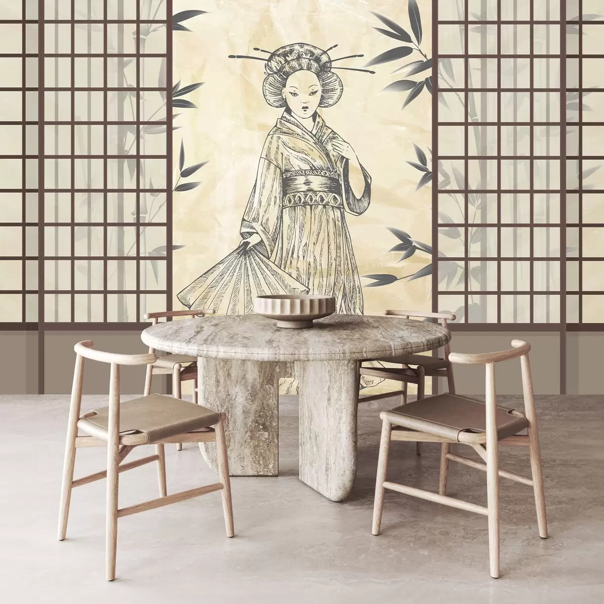 Fototapetes Vecā Āzijas stila māja, meitene tradicionālās drēbēs, ķiršu ziedi, ķiršu ziedi, Shoji w02535