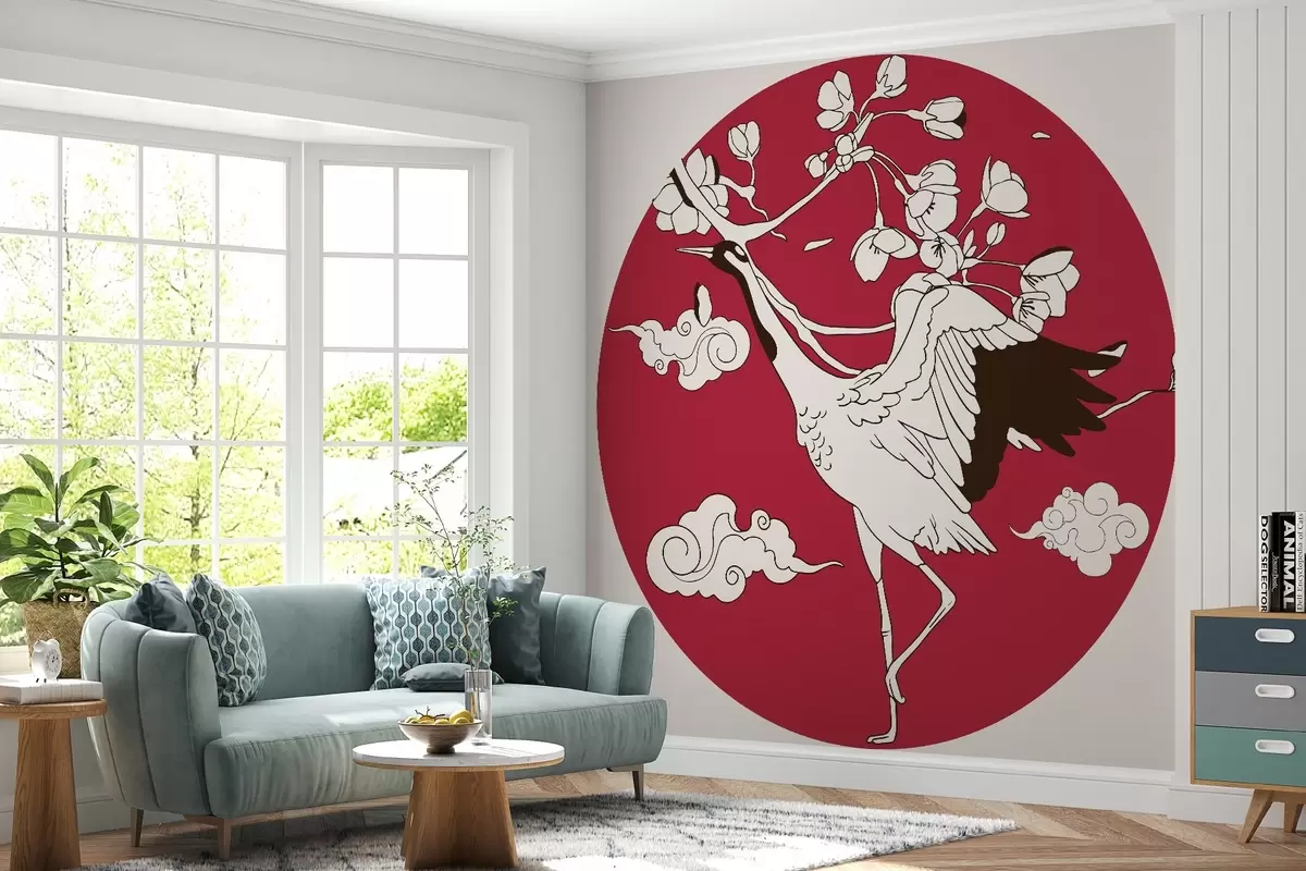 Fototapetes Zīmējums aplī, ziedi, mākoņi japāņu stilā, dzērve, sarkana daļa w02538v1