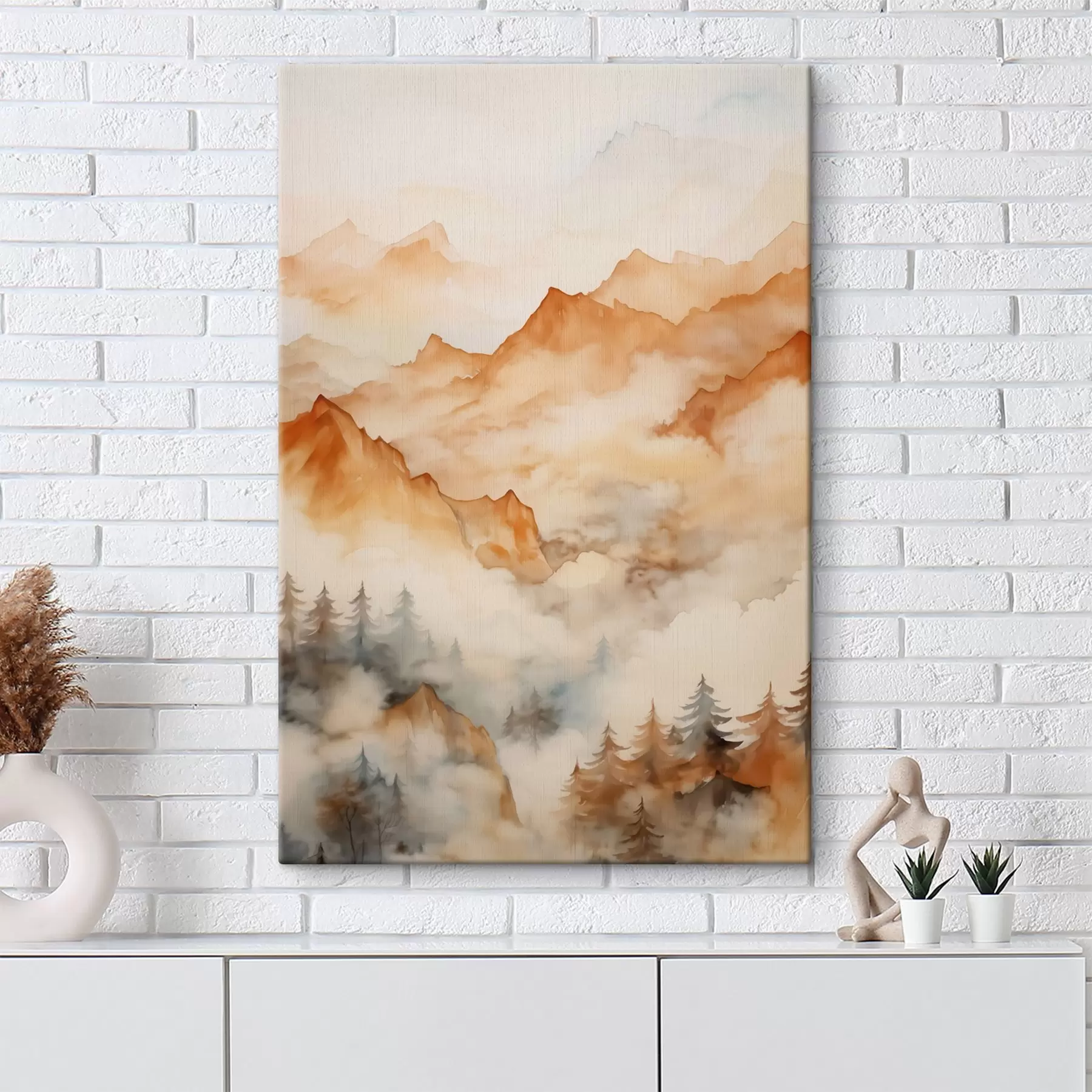 Glezna Meža un kalnu akvareļa imitācija, oranži toņi s42119