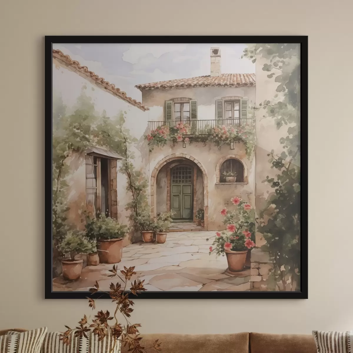 Plakāts Itāļu pagalms ar puķu podiem, kas imitē akvareli f42126