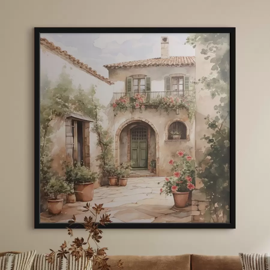 Fototapetes Itāļu pagalms ar puķu podiem, kas imitē akvareli f42126